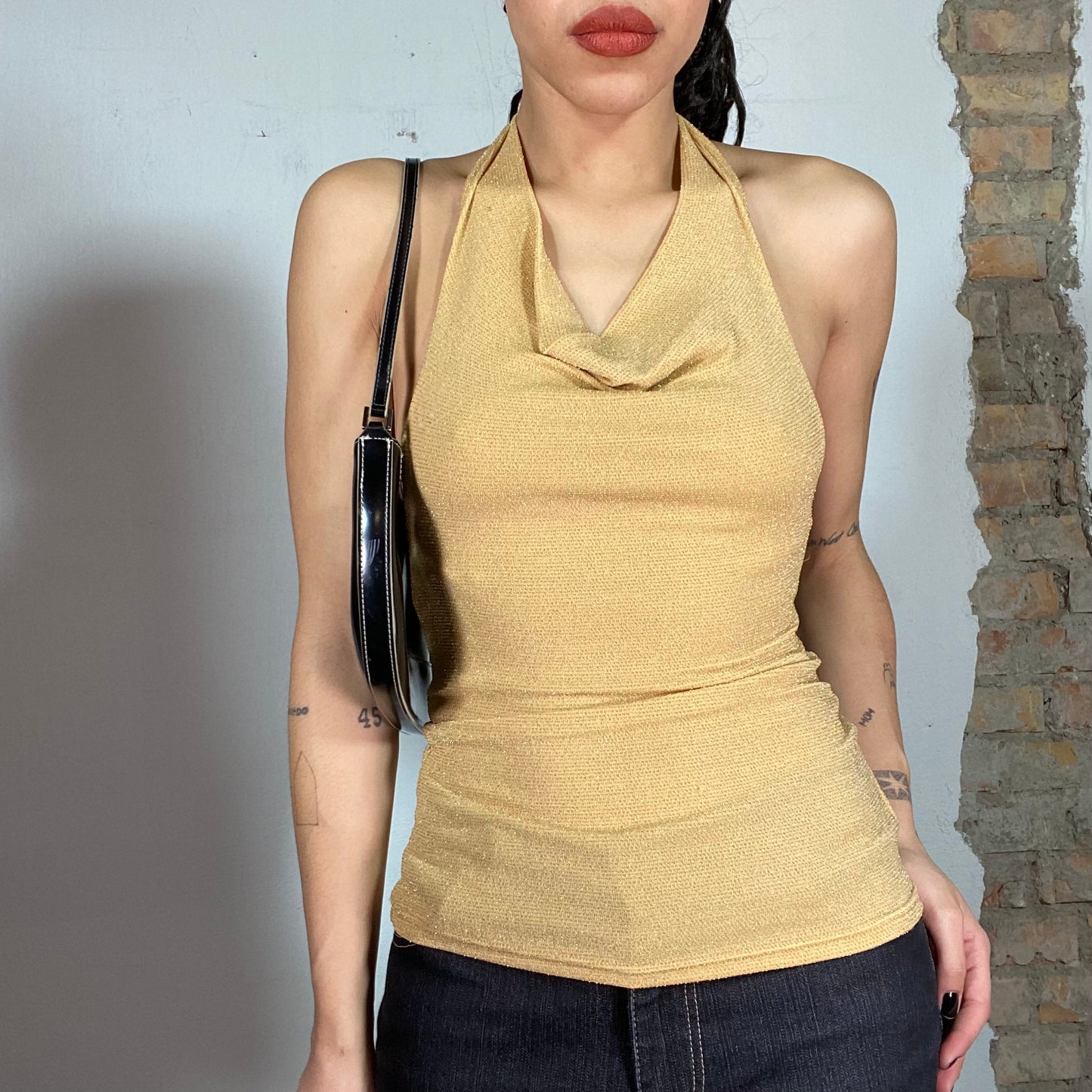 Vintage 2000's Clubwear Gold Glittery Halterneck Top (S)