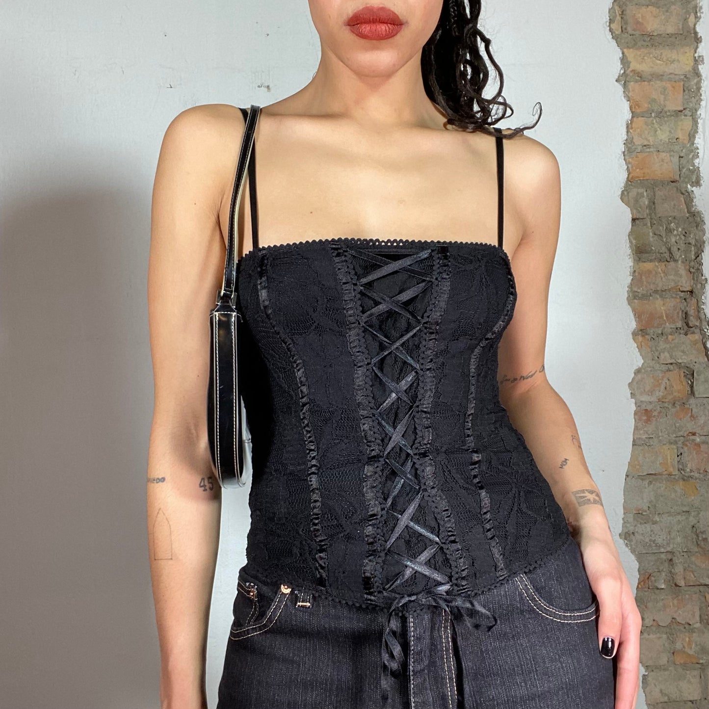 Vintage 90's Goth Lace Cami Top wit Lace Up Detail (S)