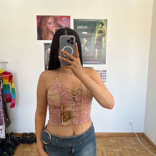 Vintage 90's Rockstar Bordeaux Paisley Lace-up Halter Top (M)
