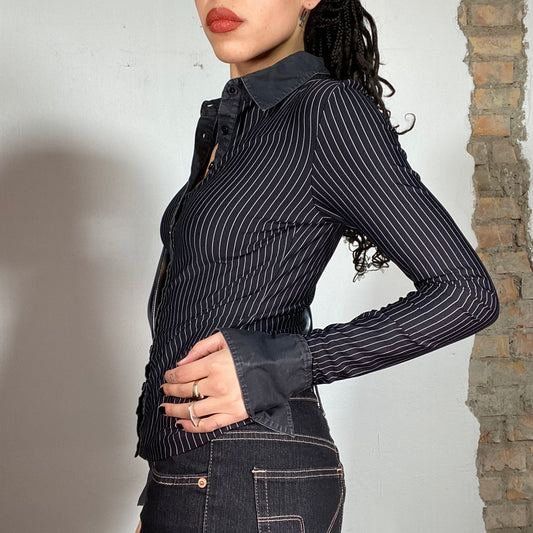 Vintage 90's Model Off Duty Pinstripe Button Up Blouse (S)