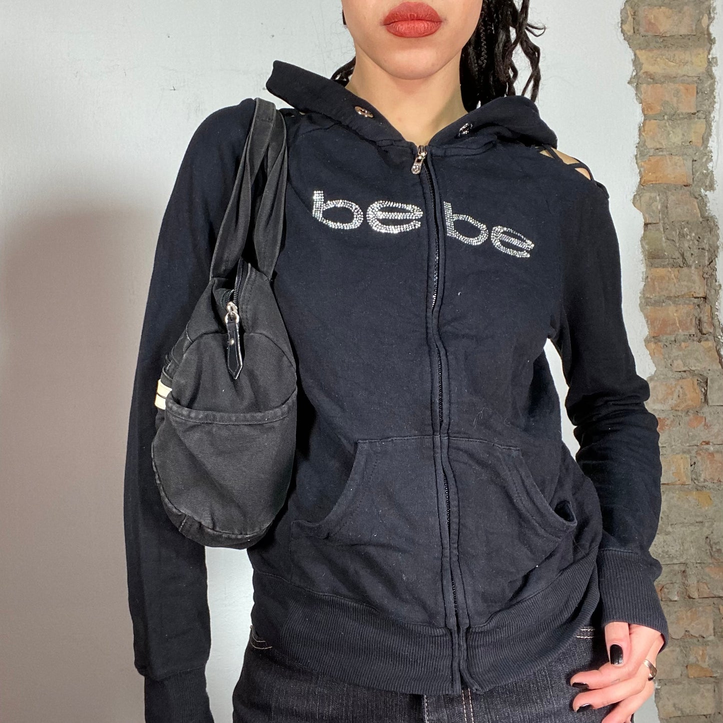 Vintage 2000's Sporty Black Zip Up Hoodie with 'Bebe' Rhinestone Print (M/L)