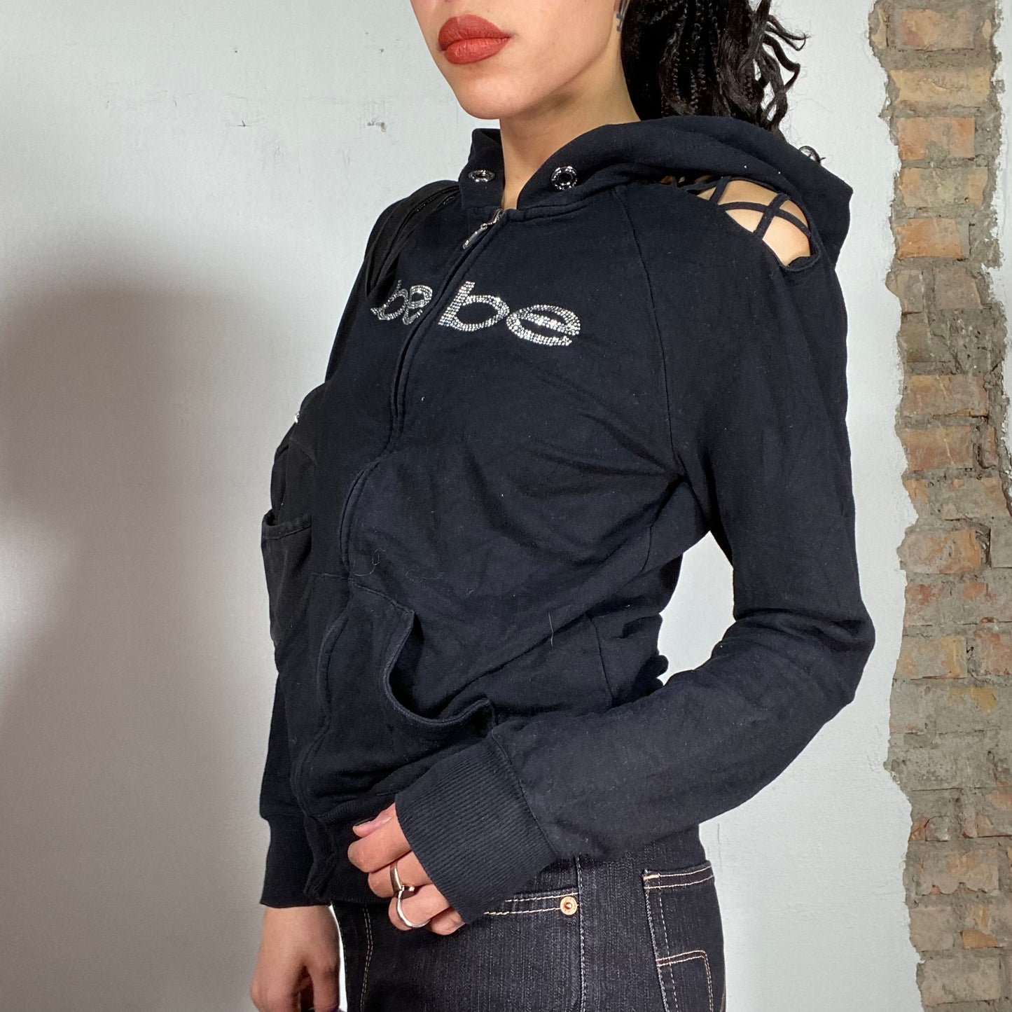 Vintage 2000's Sporty Black Zip Up Hoodie with 'Bebe' Rhinestone Print (M/L)