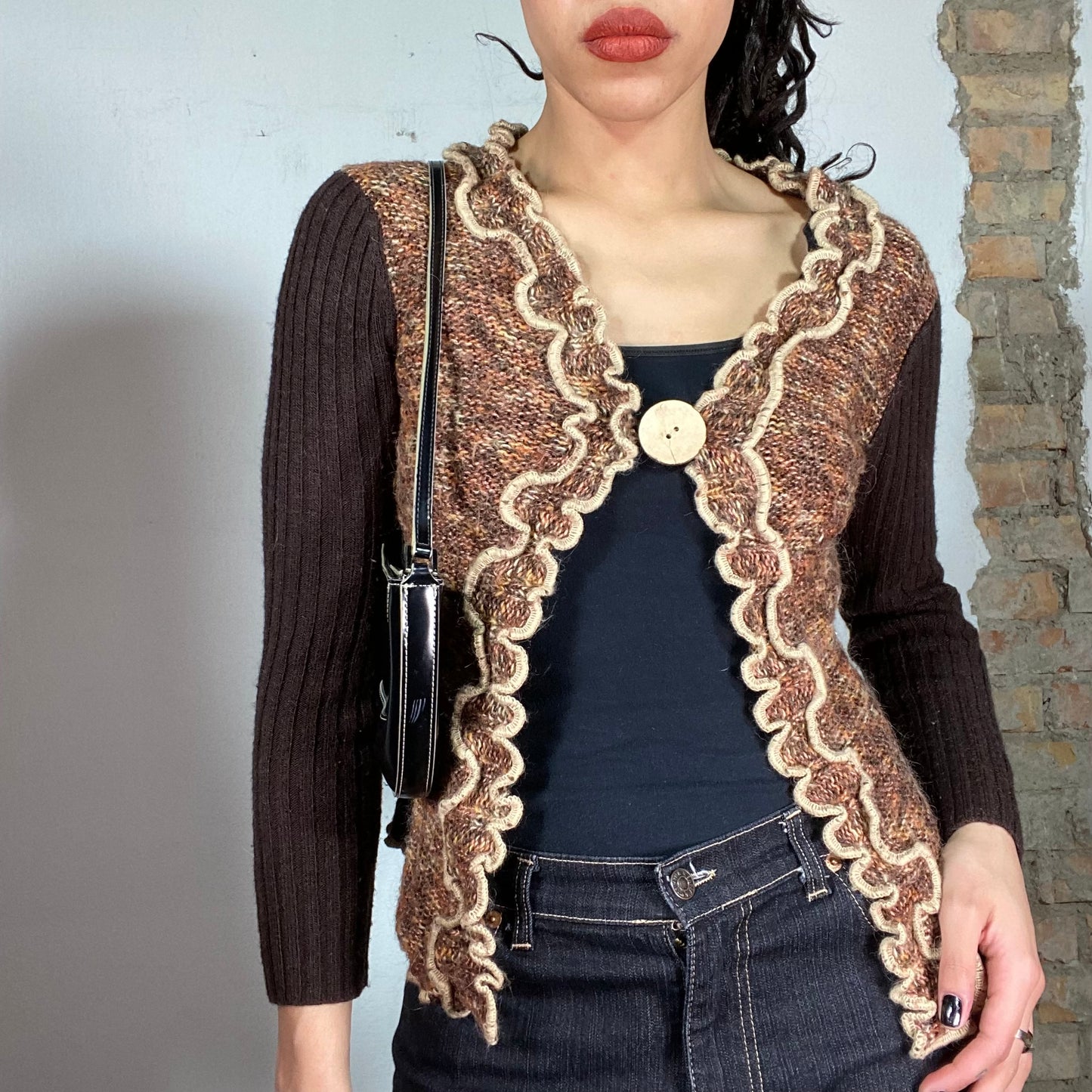 Vintage 2000's Whimsigoth Brown Knit Cardigan with  Wood Button (S)