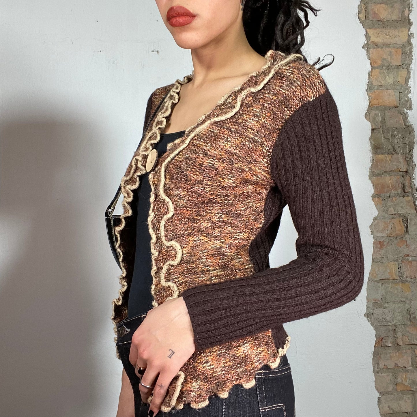 Vintage 2000's Whimsigoth Brown Knit Cardigan with  Wood Button (S)