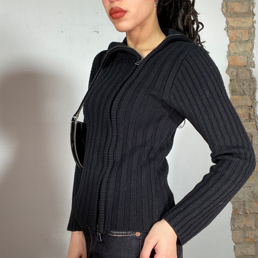 Vintage 90's Gilmore Girls Black Knit Ribbed Asymmetrical Zipper Jacket (S/M)