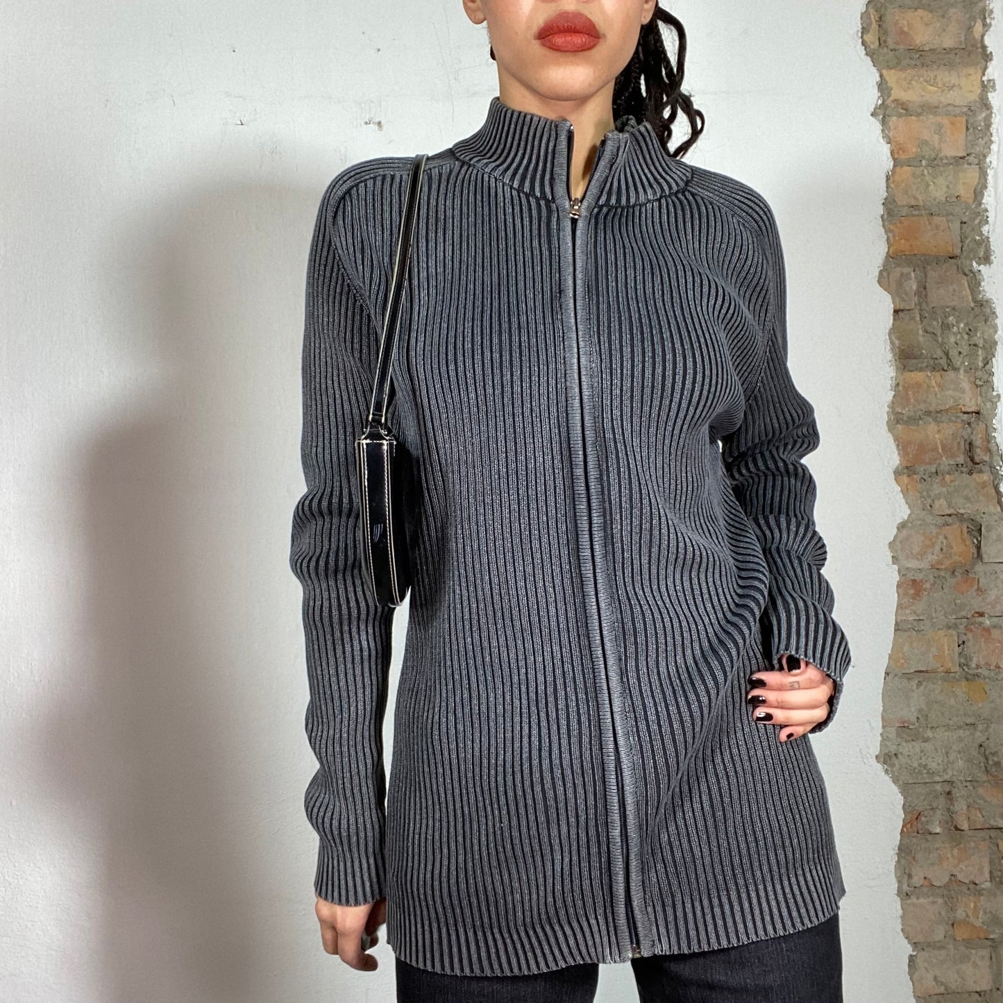 Vintage 90's Dad Grey Knit Ribbed Long Zipper Jacket (M)