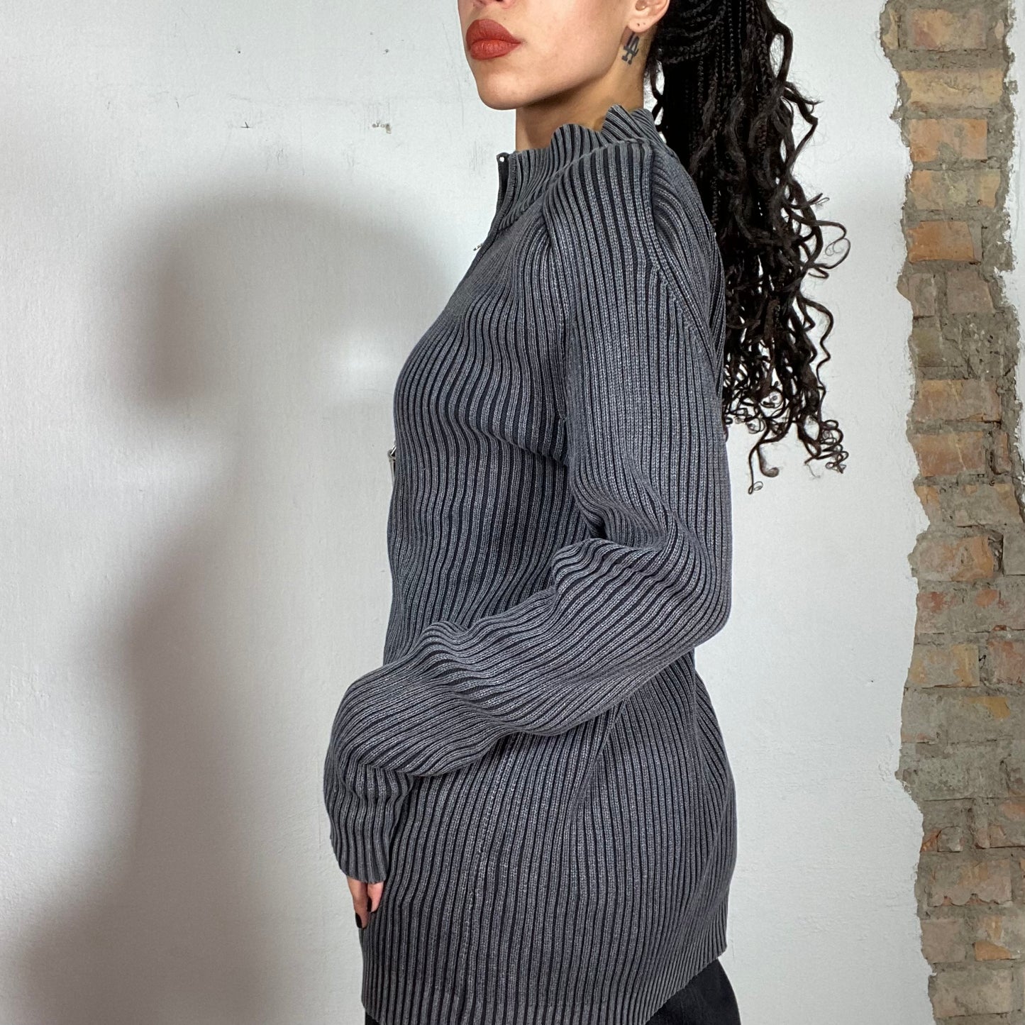 Vintage 90's Dad Grey Knit Ribbed Long Zipper Jacket (M)