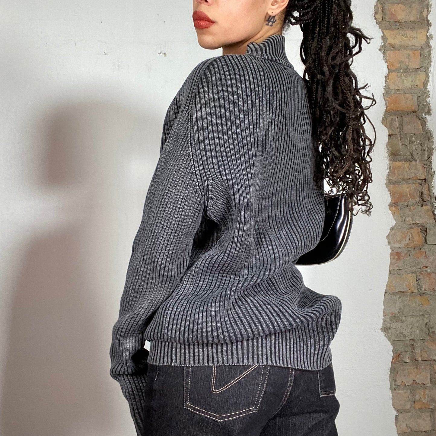 Vintage 90's Dad Grey Knit Ribbed Long Zipper Jacket (M)