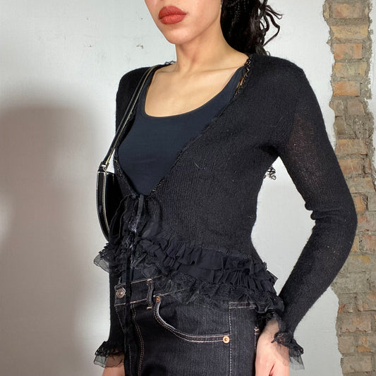 Vintage 2000's Whimsigoth Black Knit Cardigan with Ruffle Hem (S/M)