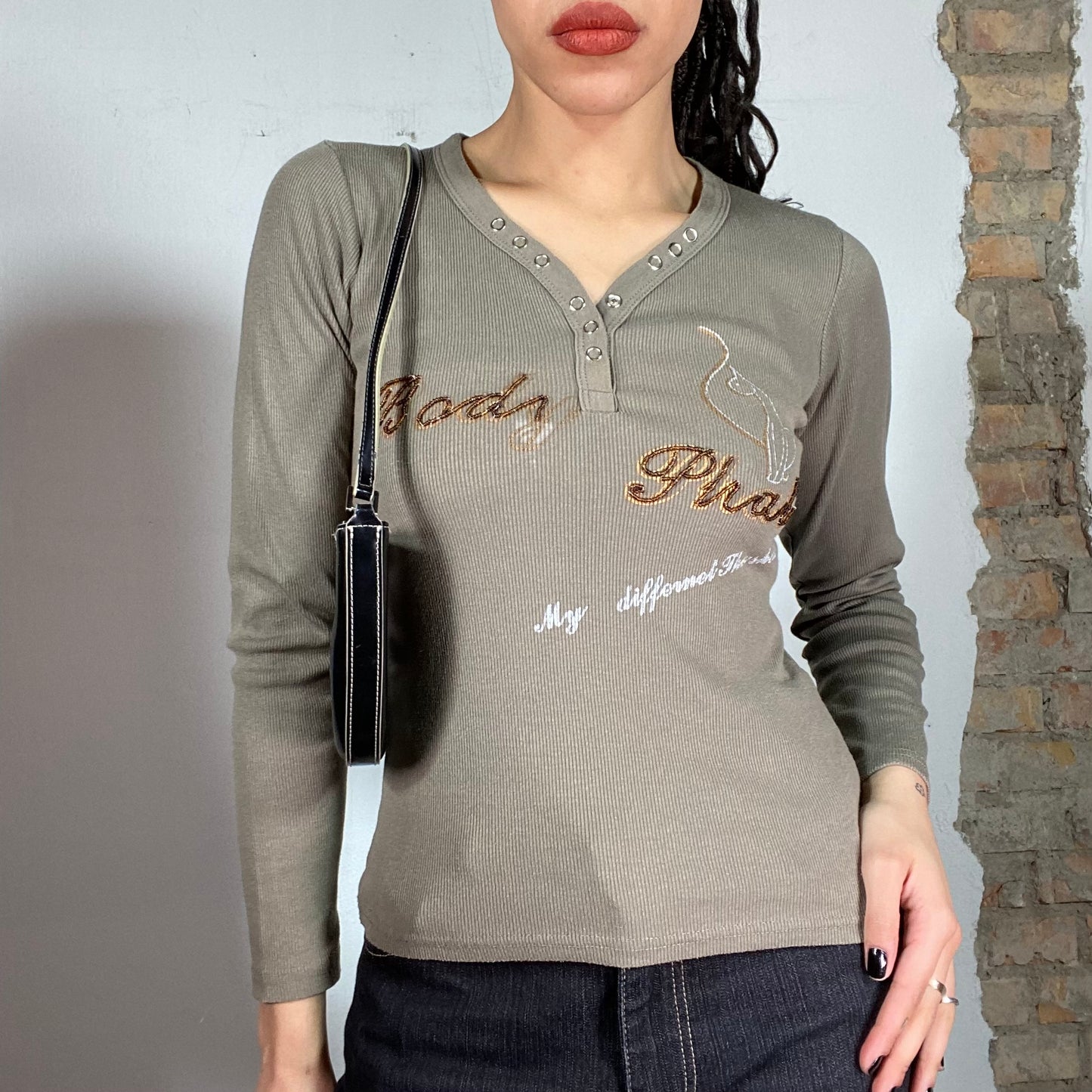 Vintage 90's Gilmore Girls Khaki Ribbed Longsleeve with 'Baby Phat' Print (S/M)