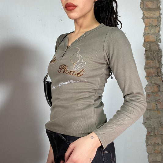 Vintage 90's Gilmore Girls Khaki Ribbed Longsleeve with 'Baby Phat' Print (S/M)