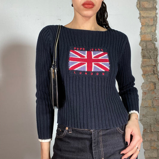 Vintage 90's Pepe Jeans Navy Blue Ribbed Knit Sweater with UK Flag Print (S/M)