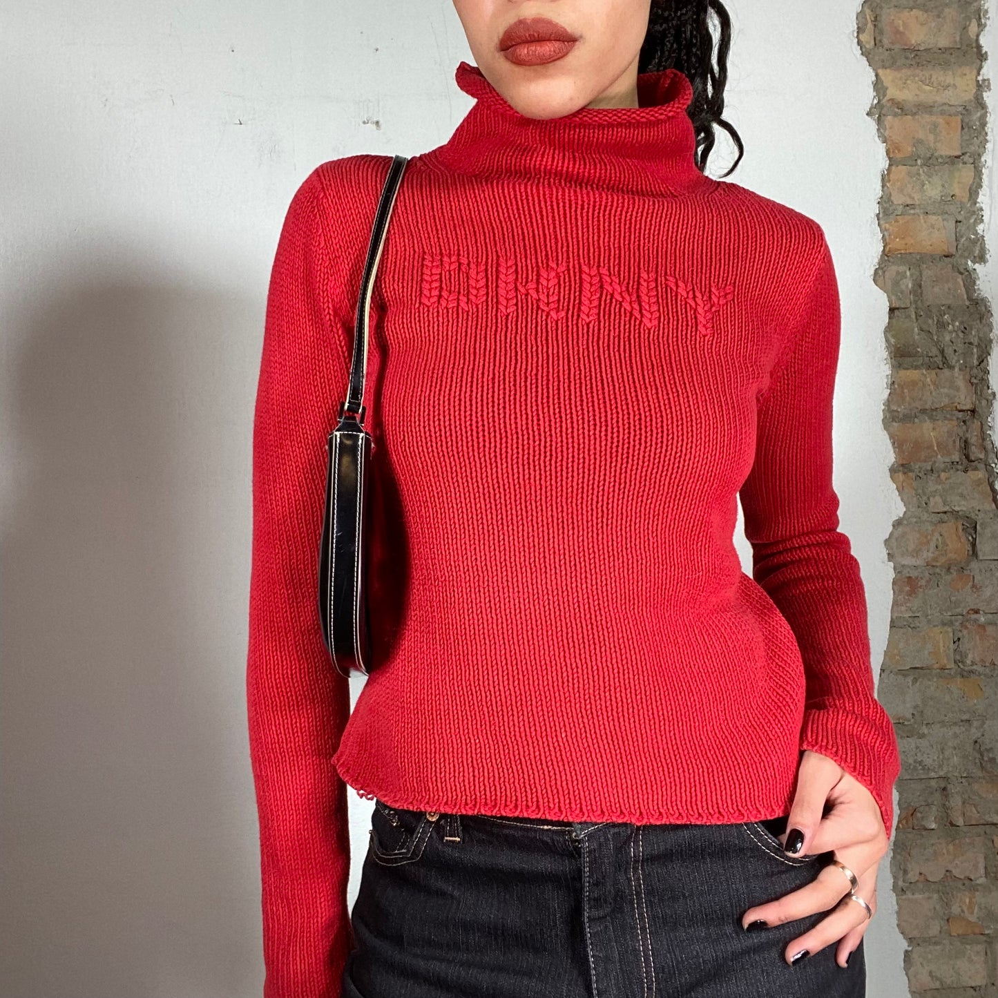 Vintage 90's DKNY Red Knit Turtleneck Sweater with Red Logo Print (S)