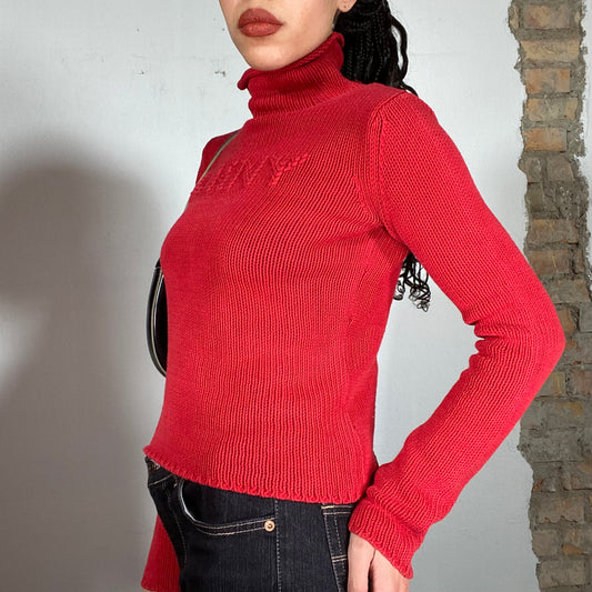 Vintage 90's DKNY Red Knit Turtleneck Sweater with Red Logo Print (S)