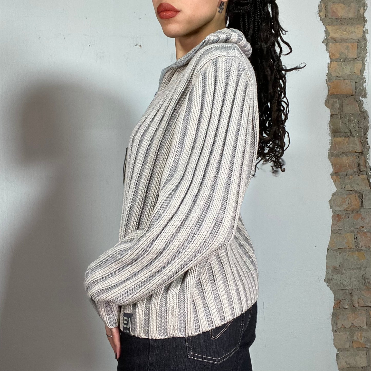 Vintage 90's Dad Beige and Grey Ribbed Knit Zip Up Jacket (M)