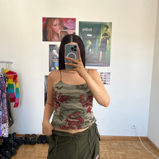 Vintage 90's Skater Camo Mesh Cami Top with Red Dragon Print (M)