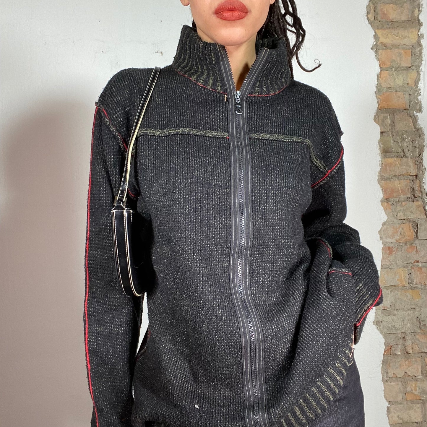 Vintage 90's Dad Dark Grey Ribbed Knit Zip Up Jacket  (L)