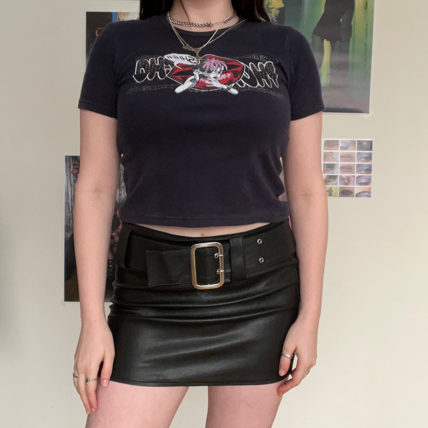 Vintage Y2K Rockstar PU Leather Black Mini Skirt with Buckle (S/M - Vegan)