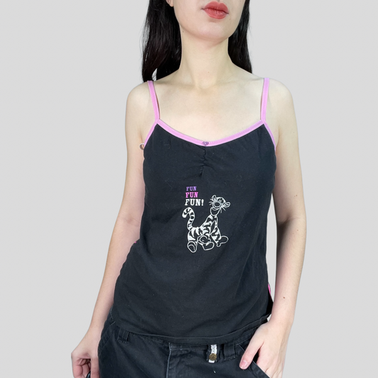 Vintage 2000's Cute Black Cami Top with Tiger and 'Fun' Print (M)