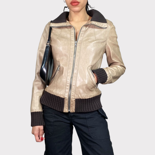 Vintage 2000's Model Off Duty classic Beige Leather Jacket with Knit Trim(S)