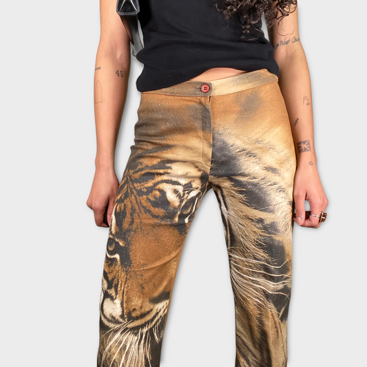 Vintage 2000's Funky Beige Flared Pants with Tiger Face Print (S)