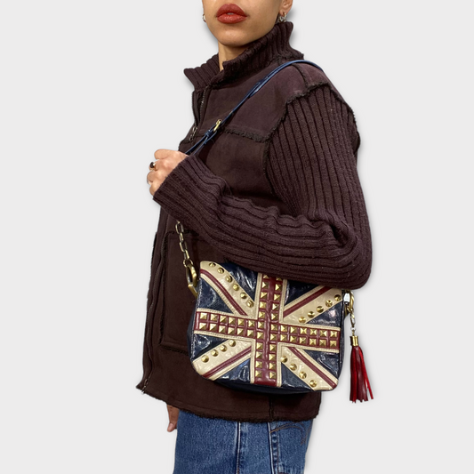 Vintage 2000's Rock Navy UK Flag Leather Bag with Golden Studs