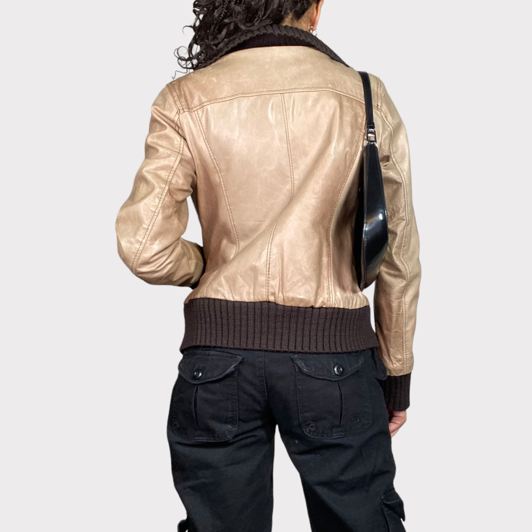 Vintage 2000's Model Off Duty classic Beige Leather Jacket with Knit Trim(S)