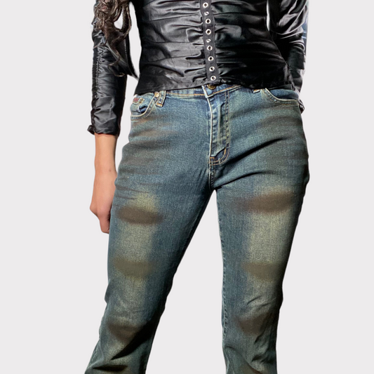 Vintage 2000's Western Flared Jeans with Brown Spot Print (S/M)