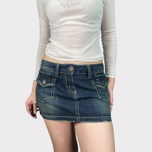 Vintage 2000's Clubwear Denim Mini Skirt with Contrast Stitching (S)