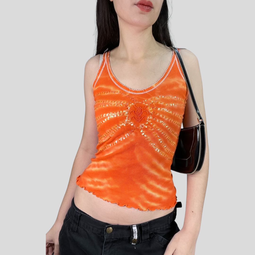 Vintage 90's Hippie Orange Tie Dye Top with Beaded Bug Detail (S)