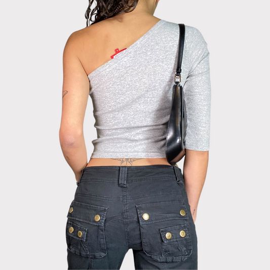 Vintage 90's Sporty Grey One Shoulder Top with 'Fantasy' Print (S)