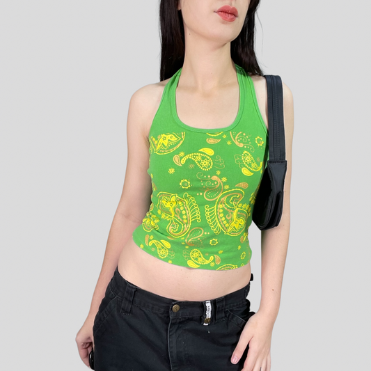 Vintage 90's Indie GreenTop with Paisley Print and Back Buckle Detail (S)