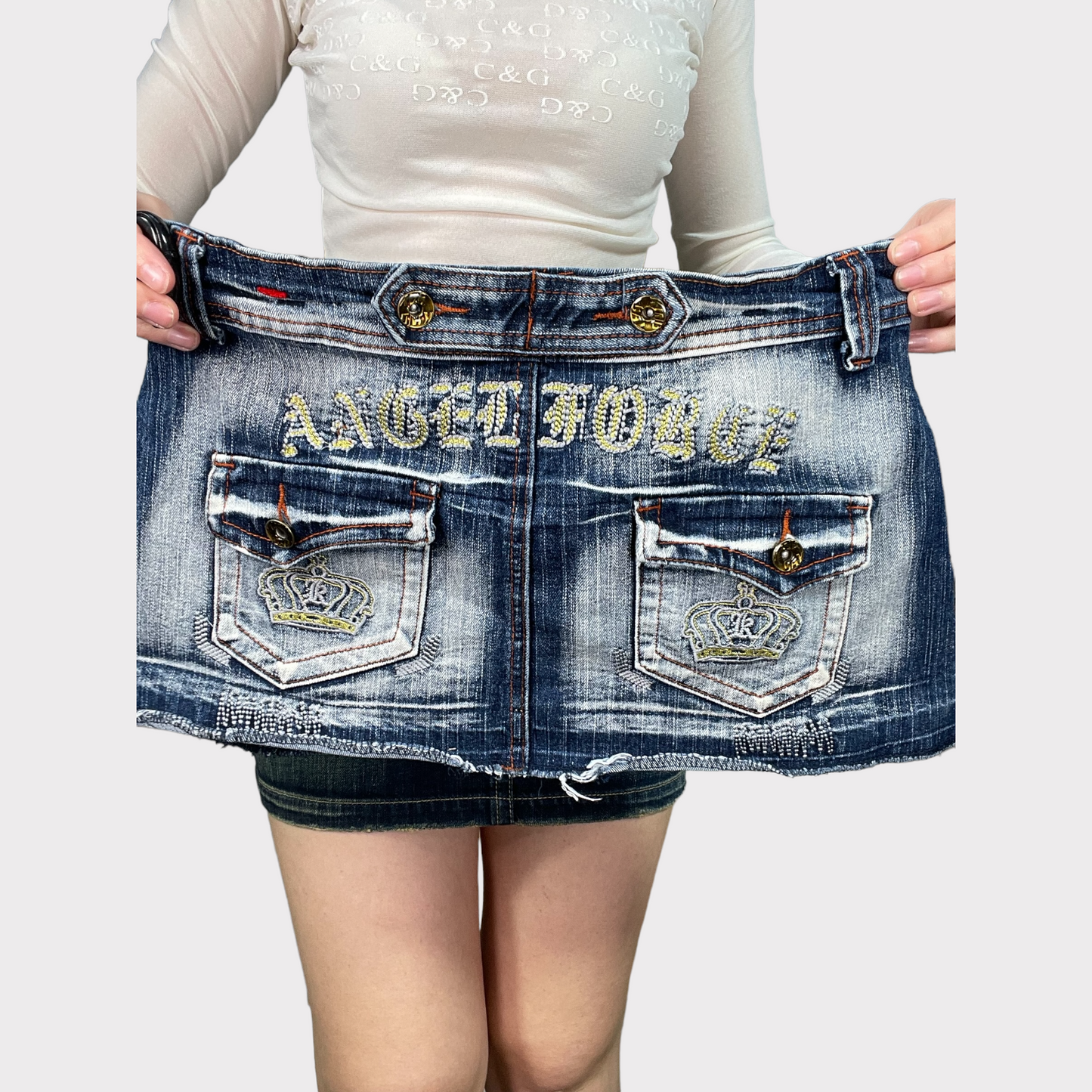 Vintage 2000's Clubwear Washed Denim Mini Skirt with Back Embroidery (M)