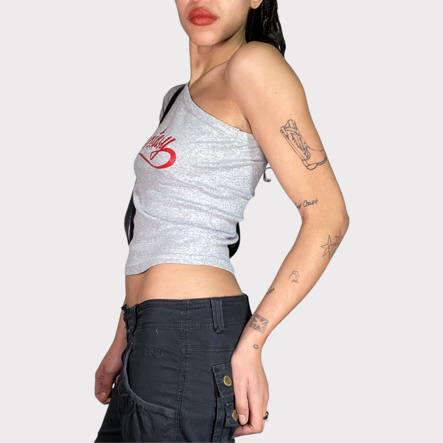 Vintage 90's Sporty Grey One Shoulder Top with 'Fantasy' Print (S)