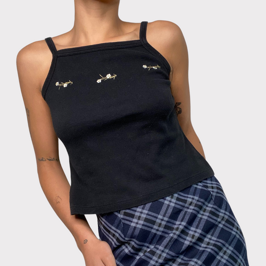Vintage 90's Whimsigoth Black High Neck Top with Flower Embroidery (M)