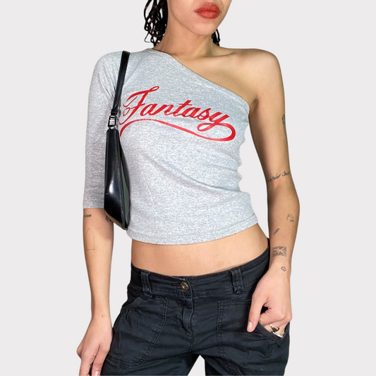 Vintage 90's Sporty Grey One Shoulder Top with 'Fantasy' Print (S)