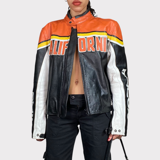 Vintage 90's Bella Hadid Black and Orange 'California' Leather Racer Jacket (M)