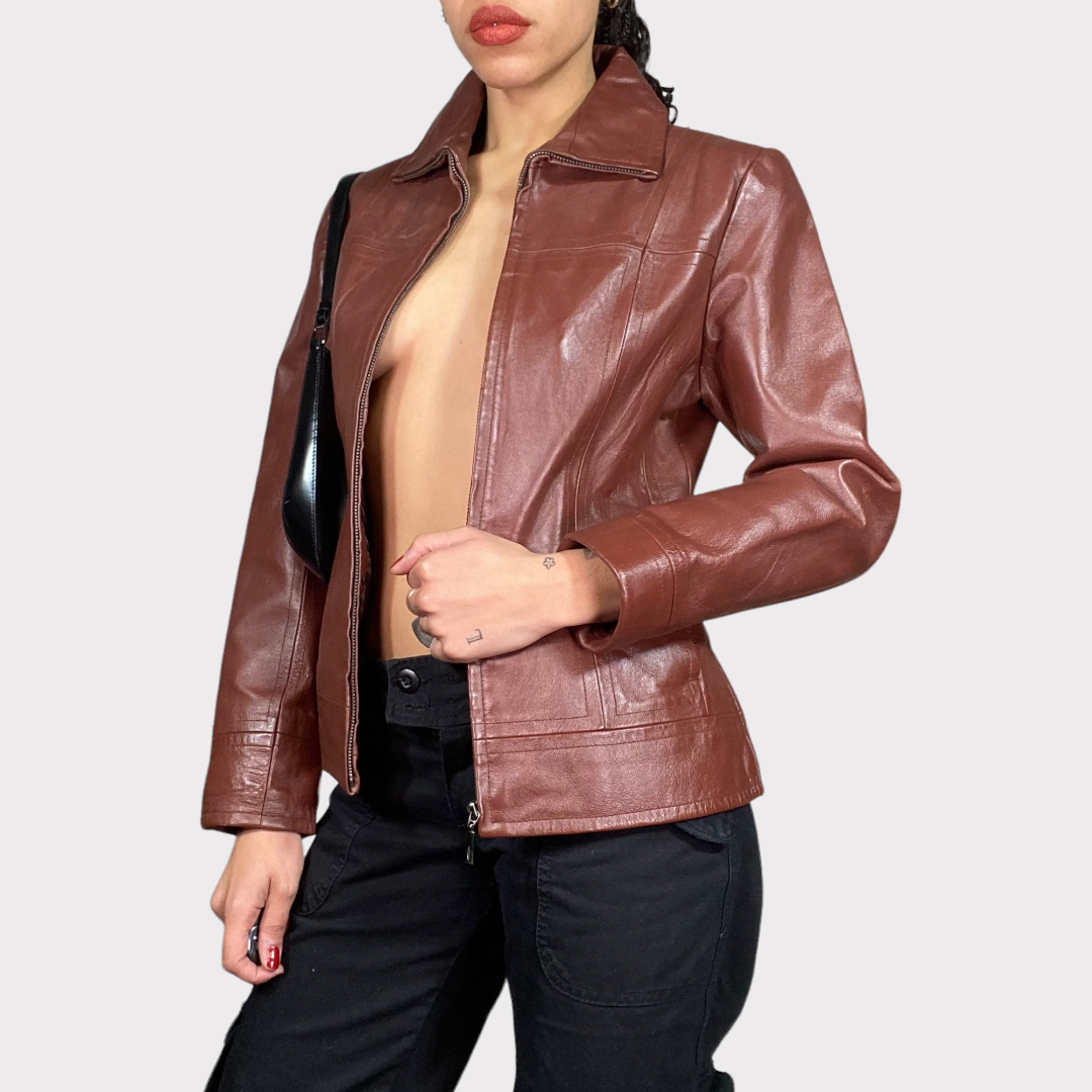 Vintage 90's Classic Brown Zip Up Leather Jacket (S)