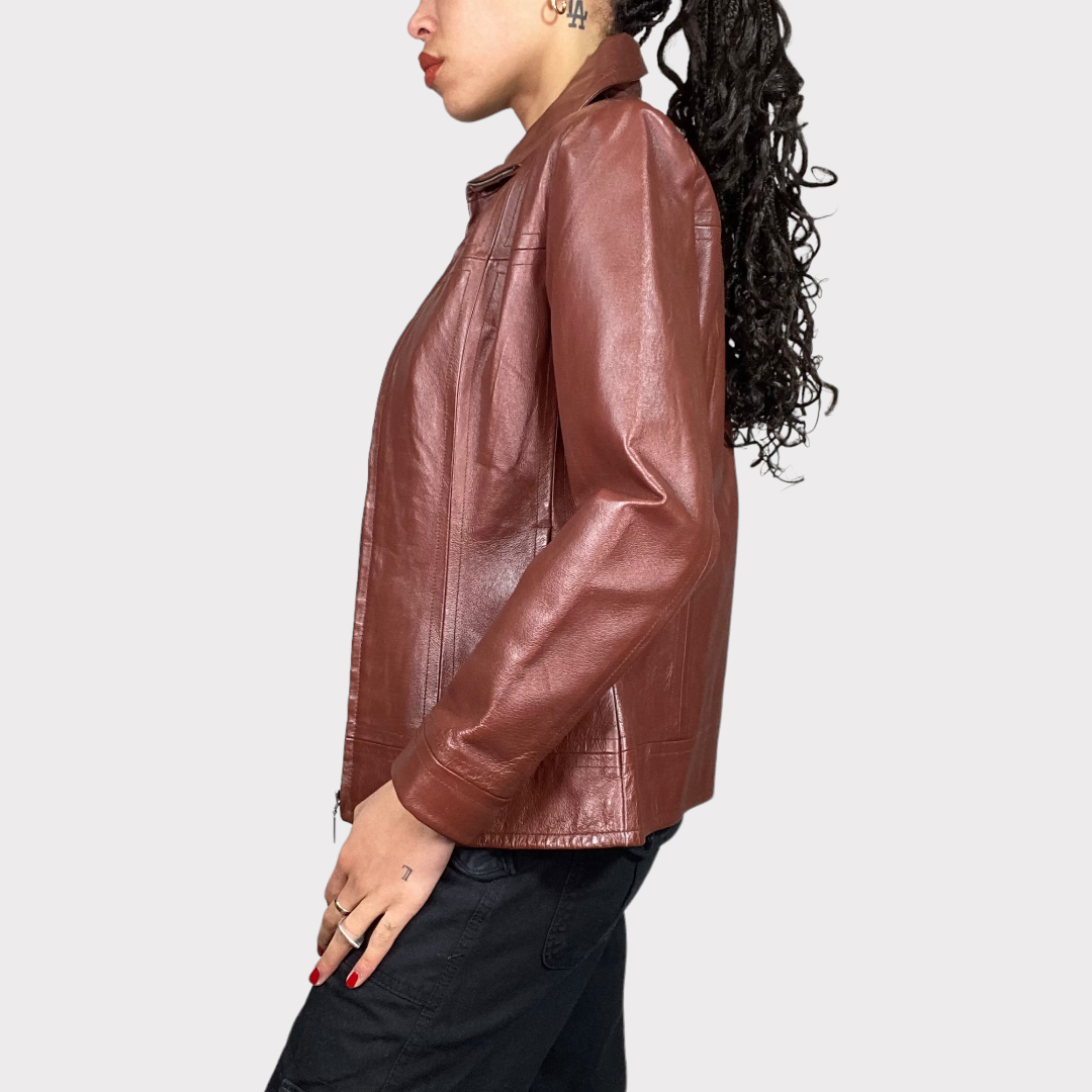 Vintage 90's Classic Brown Zip Up Leather Jacket (S)