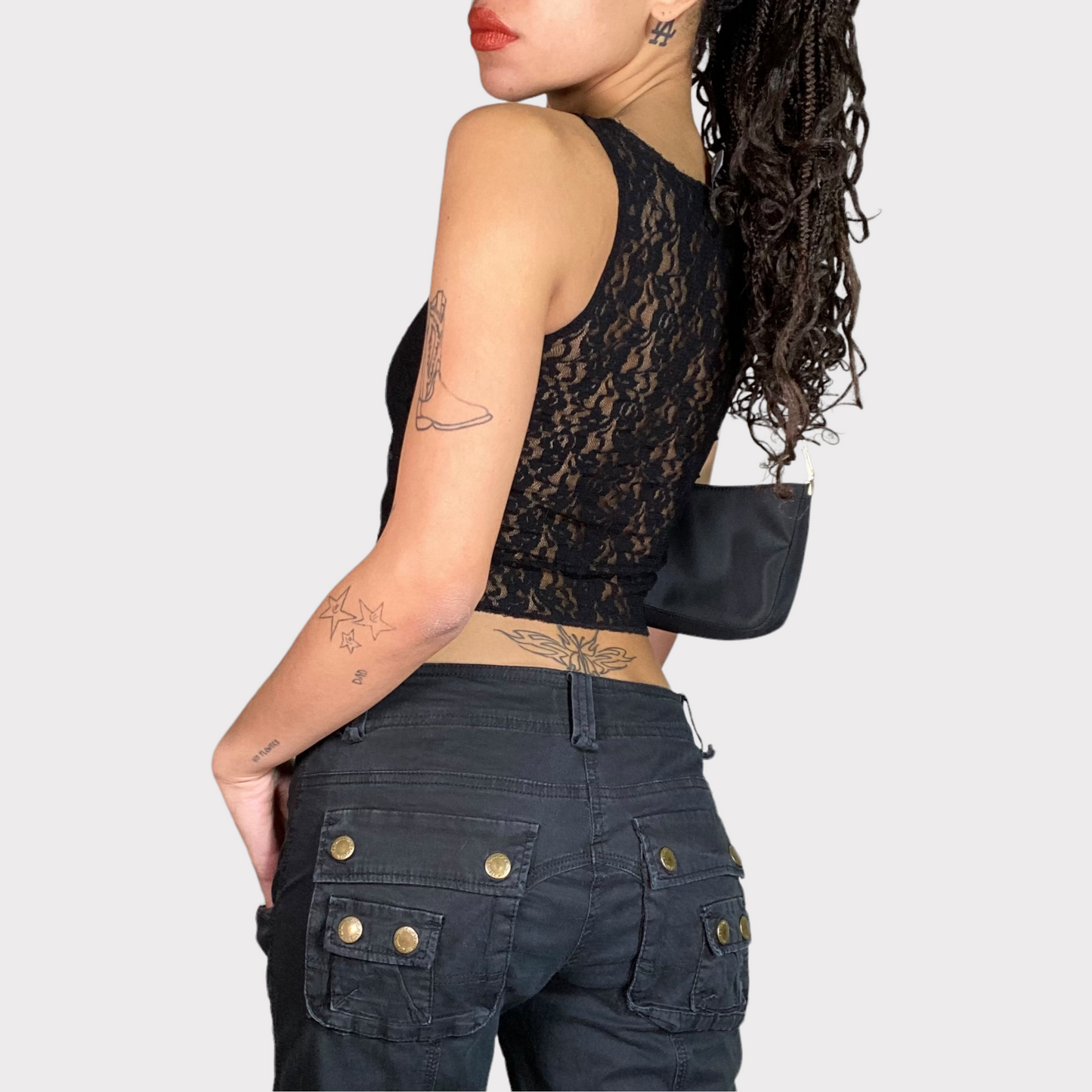 Vintage 2000's Rock Black Lace High Neck Top with 'Wow' Leather Print (S)