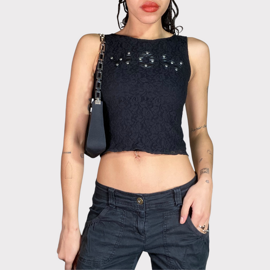 Vintage 2000's Rock Black Lace High Neck Top with 'Wow' Leather Print (S)
