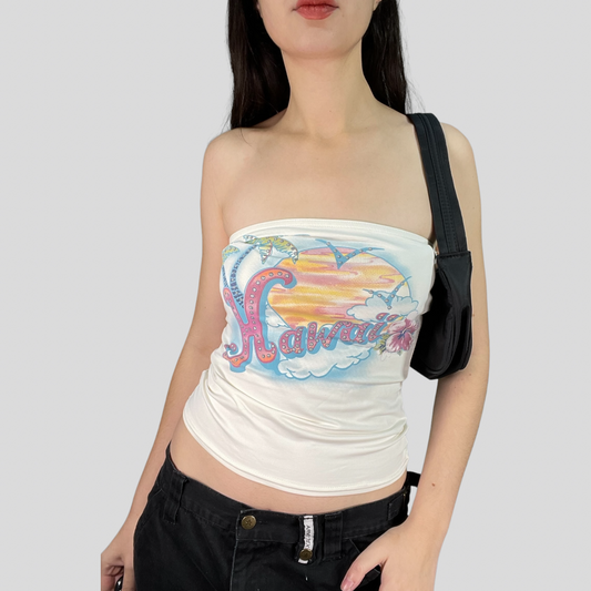 Vintage 2000's Morgan De Toi White Tube Top with 'Hawaii' Print (S)