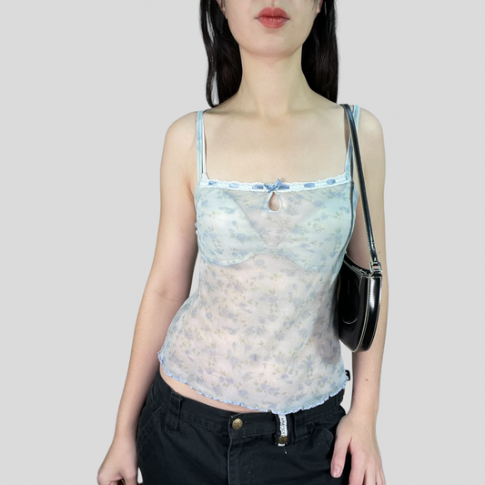 Vintage 90's Romantic Blue Floral Mesh Cami Top (S/M)
