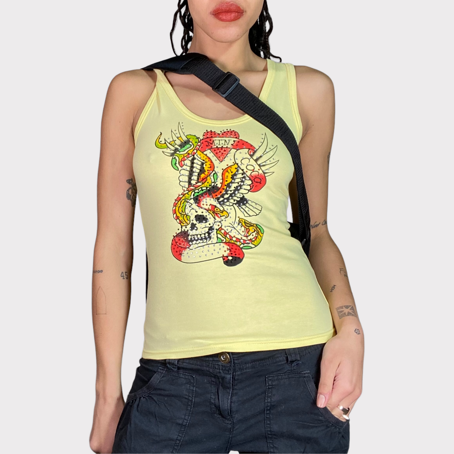 Vintage 2000's Ed Hardy Style Yellow Tank Top with Rhinestones (S)