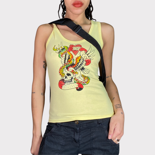Vintage 2000's Ed Hardy Style Yellow Tank Top with Rhinestones (S)