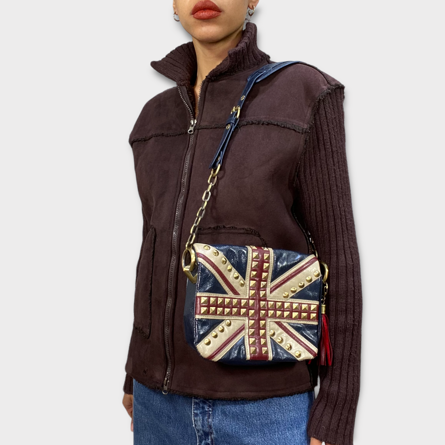 Vintage 2000's Rock Navy UK Flag Leather Bag with Golden Studs