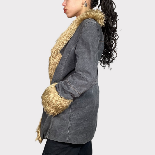 Vintage 90's Downtown Girl Denim and Beige Afghan Coat (S)