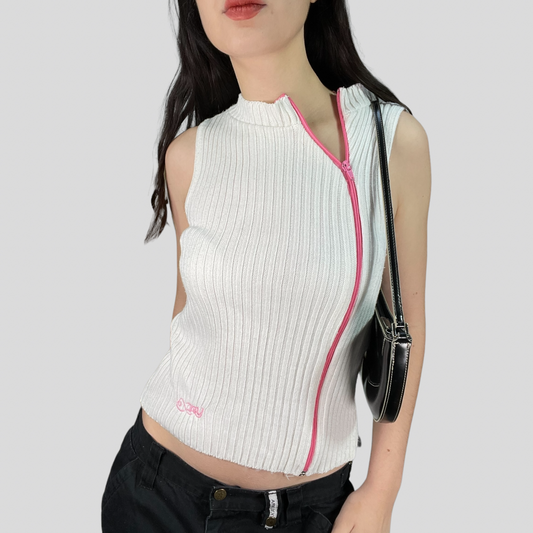 Vintage 2000's Punky White Asymmetrical Pink Zipper Top (S/M)