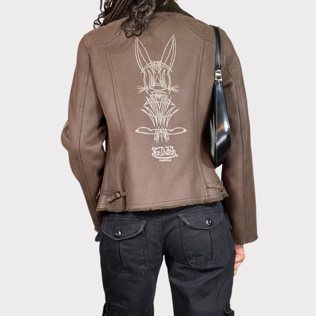 Vintage 90's Von Dutch Brown Faux Suede Short Jacket (S)