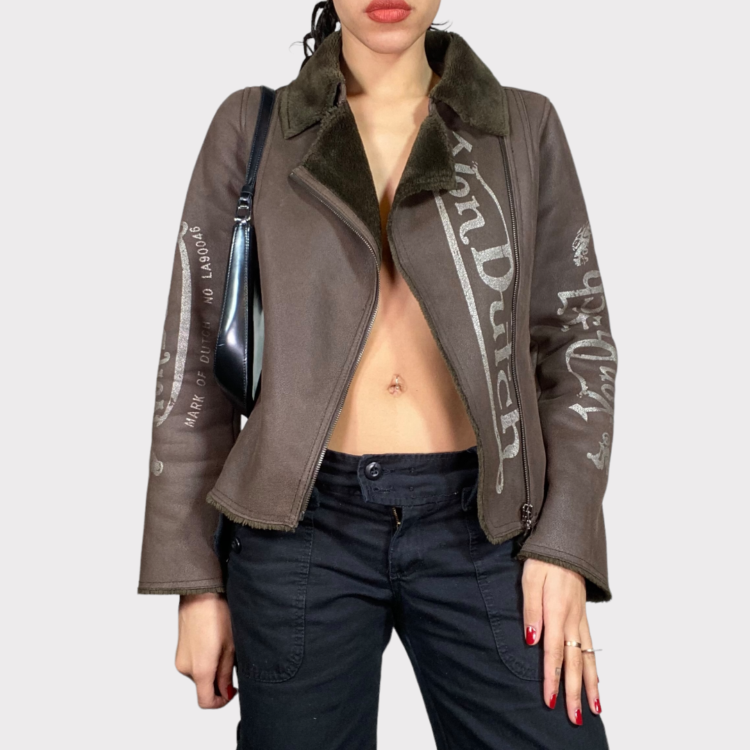 Vintage 90's Von Dutch Brown Faux Suede Short Jacket (S)